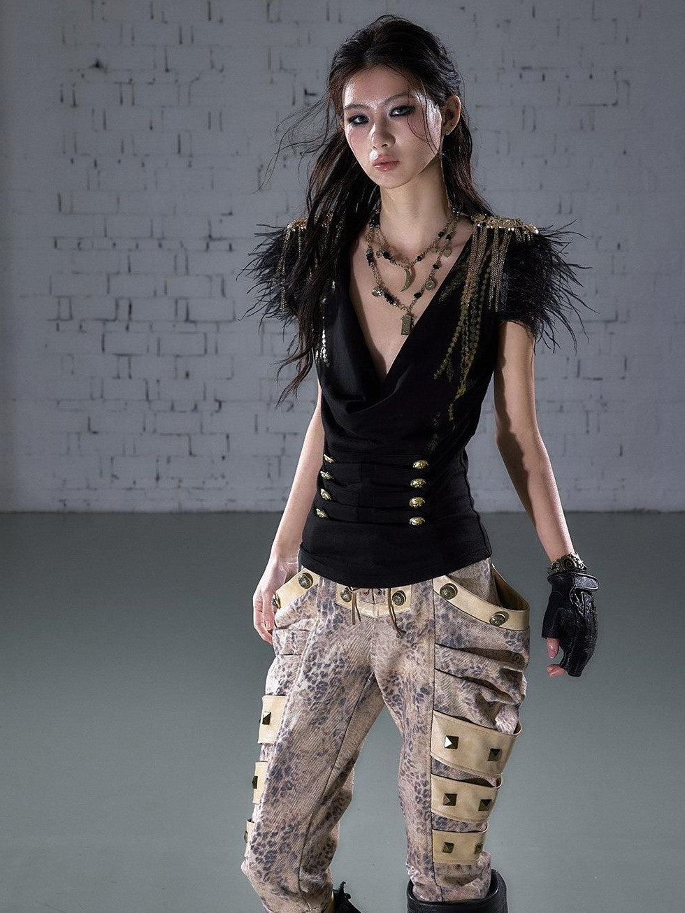 NO ROMANCE Gold Foil Ostrich Tassel Epaulet Drape Neck Slim Women&