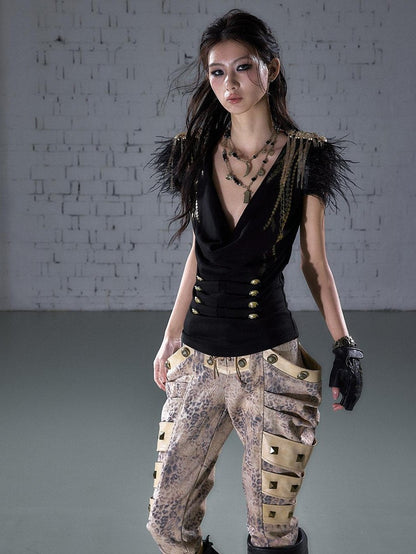 NO ROMANCE Gold Foil Ostrich Tassel Epaulet Drape Neck Slim Women&