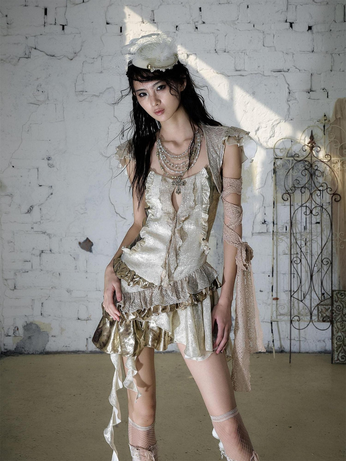 NO ROMANCE Gold Satin Baroque Asymmetrical Ruffle Women&