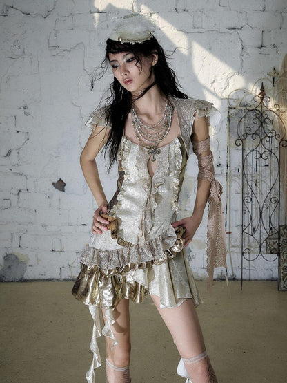 NO ROMANCE Gold Satin Baroque Asymmetrical Ruffle Women&
