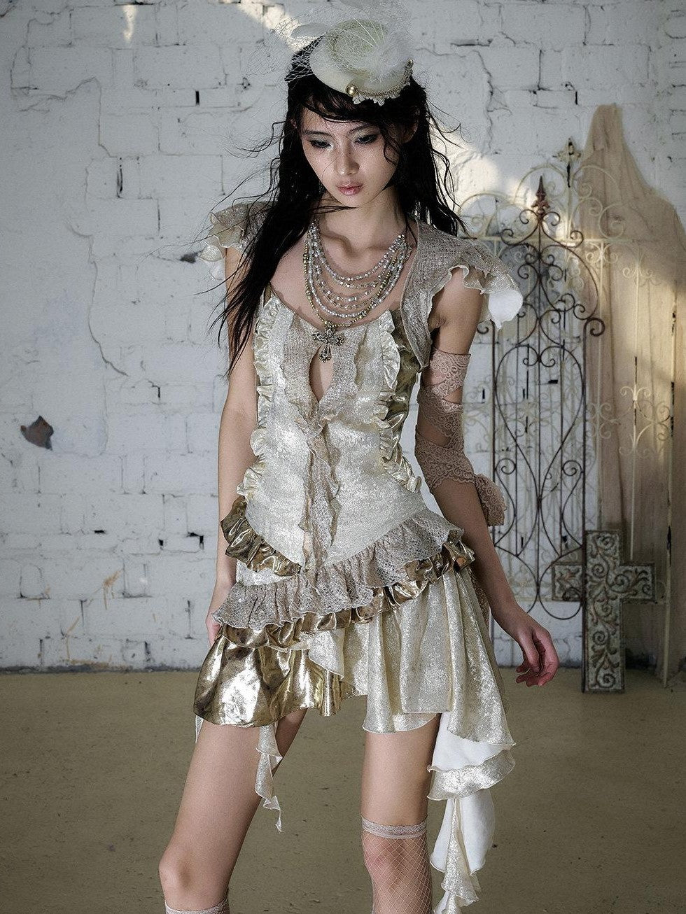 NO ROMANCE Gold Satin Baroque Asymmetrical Ruffle Women&