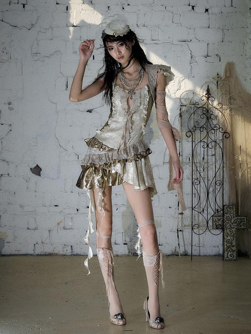 NO ROMANCE Gold Satin Baroque Asymmetrical Ruffle Women&
