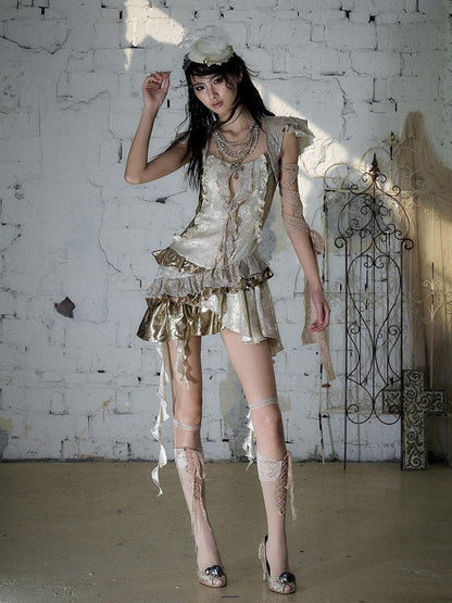 NO ROMANCE Gold Satin Baroque Asymmetrical Ruffle Women&