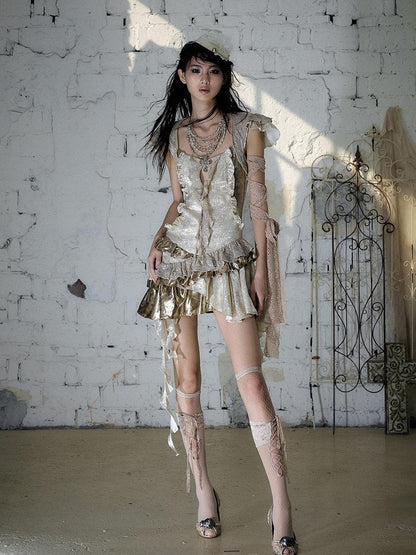 NO ROMANCE Gold Satin Baroque Asymmetrical Ruffle Women&