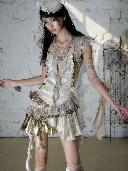 NO ROMANCE Gold Satin Baroque Asymmetrical Ruffle Women&