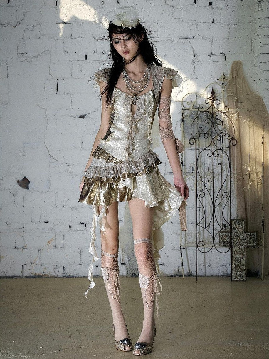 NO ROMANCE Gold Satin Baroque Asymmetrical Ruffle Women&