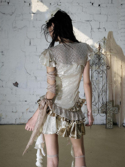 NO ROMANCE Gold Satin Baroque Asymmetrical Ruffle Women&