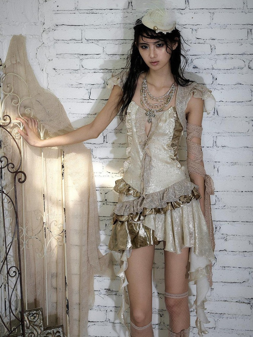 NO ROMANCE Gold Satin Baroque Asymmetrical Ruffle Women&
