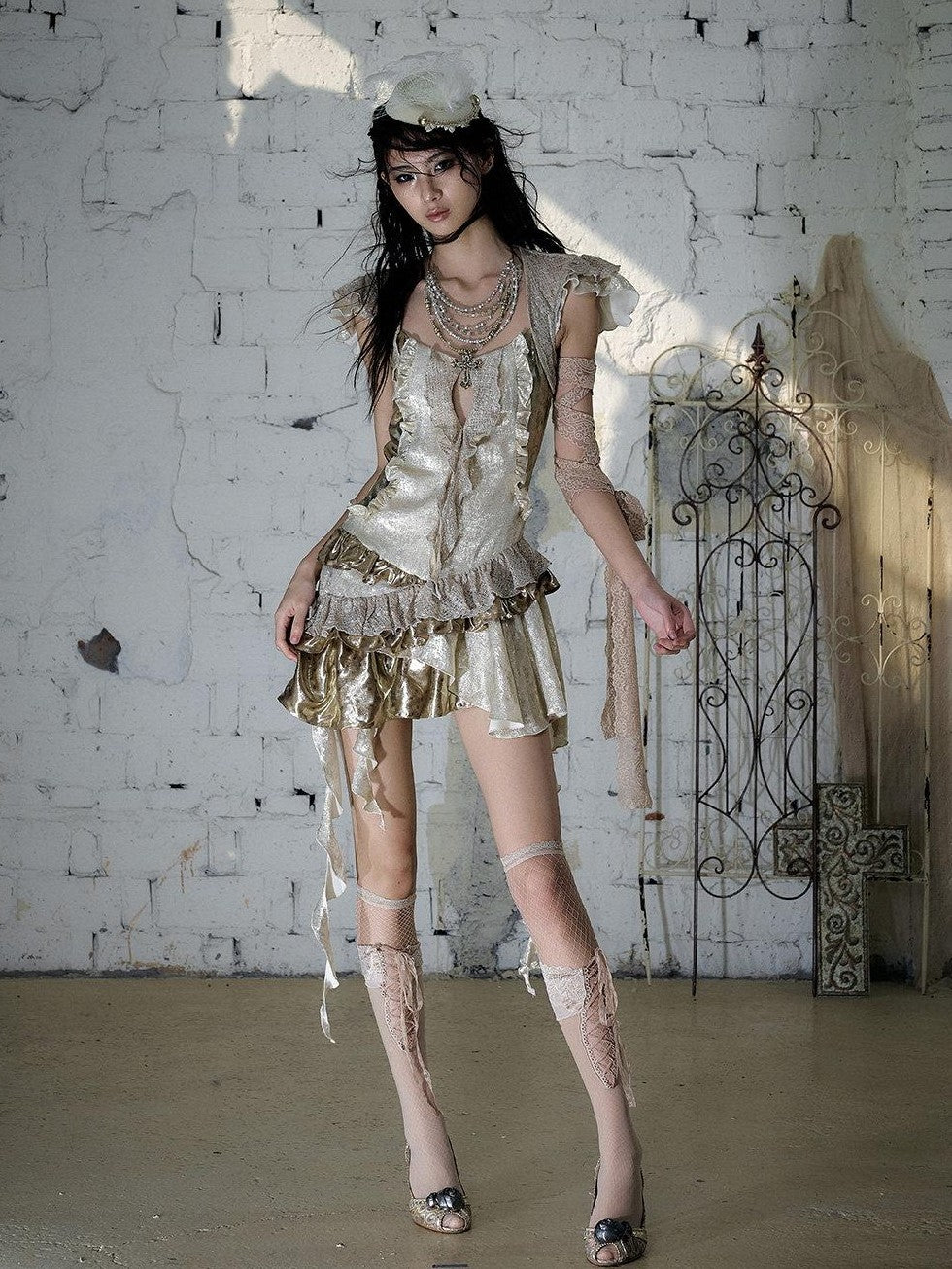 NO ROMANCE Gold Satin Baroque Asymmetrical Ruffle Women&