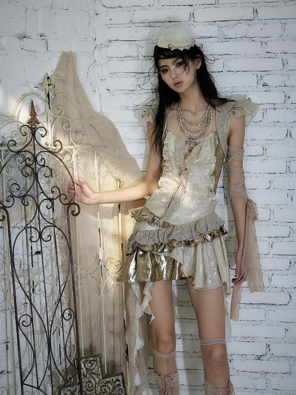 NO ROMANCE Gold Satin Baroque Asymmetrical Ruffle Women&