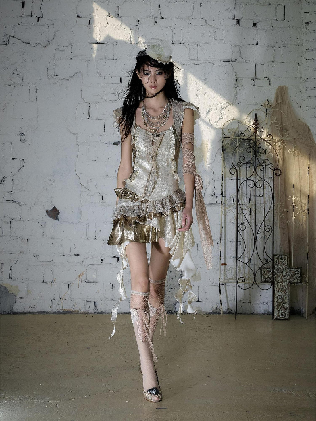 NO ROMANCE Gold Satin Baroque Asymmetrical Ruffle Women&