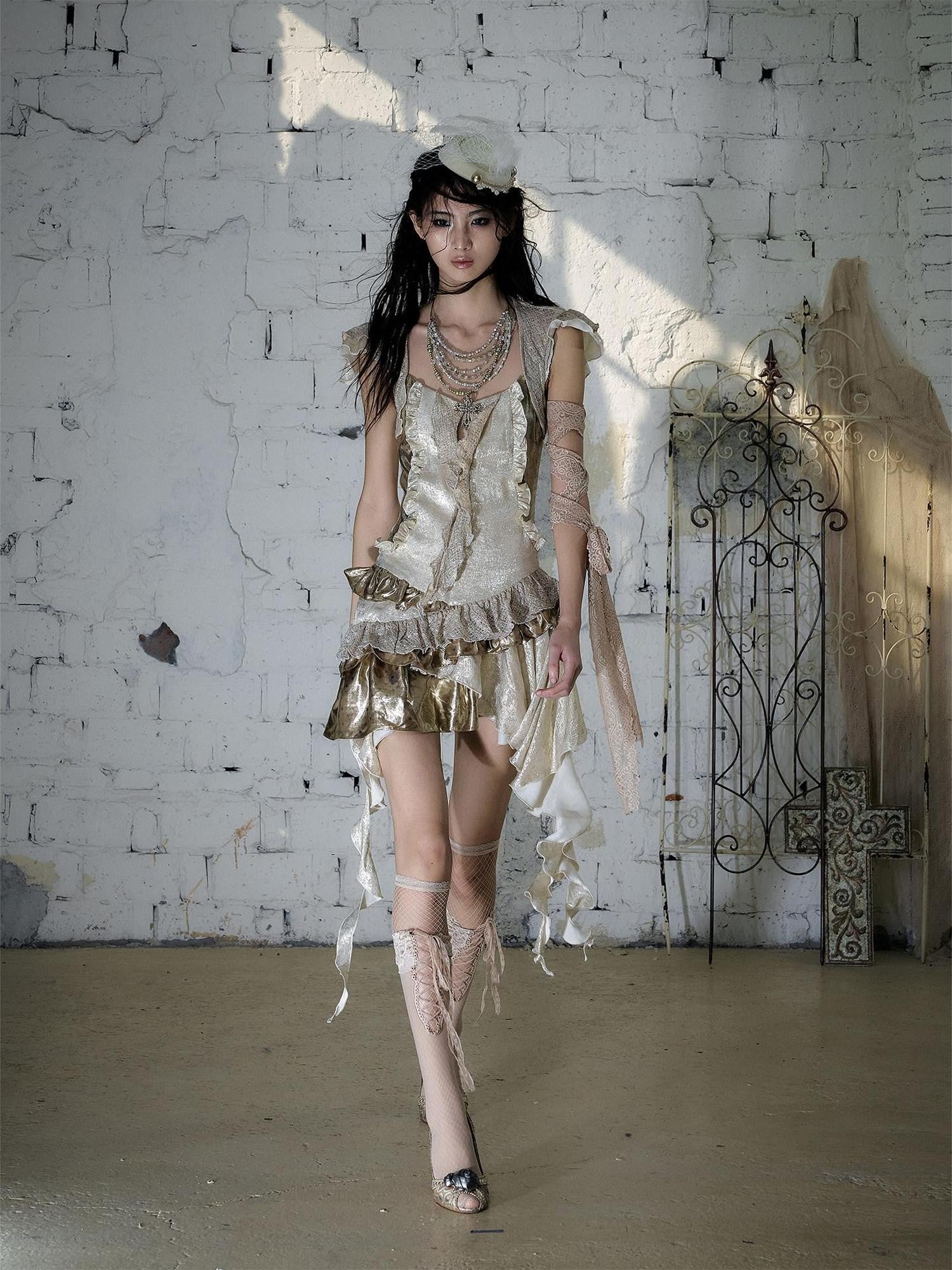 NO ROMANCE Gold Satin Baroque Asymmetrical Ruffle Women&