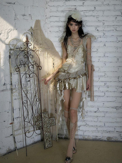 NO ROMANCE Gold Satin Baroque Asymmetrical Ruffle Women&