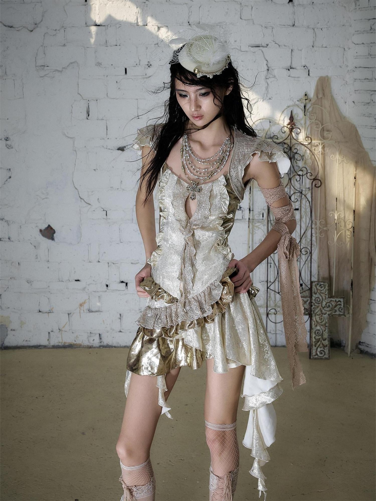 NO ROMANCE Gold Satin Baroque Asymmetrical Ruffle Women&