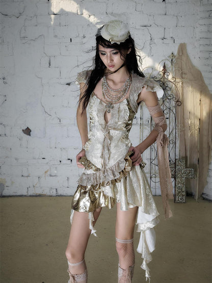 NO ROMANCE Gold Satin Baroque Asymmetrical Ruffle Women&