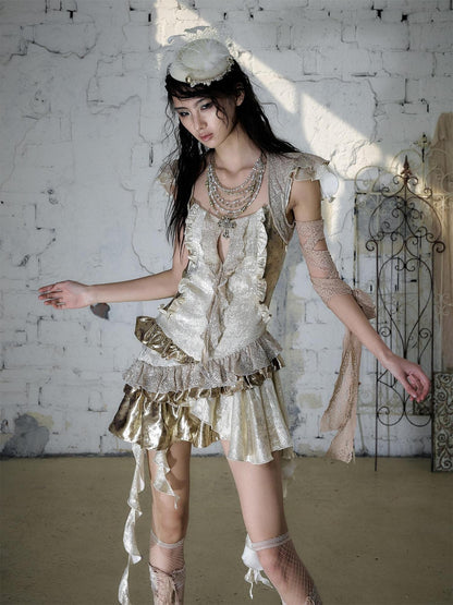 NO ROMANCE Gold Satin Baroque Asymmetrical Ruffle Women&