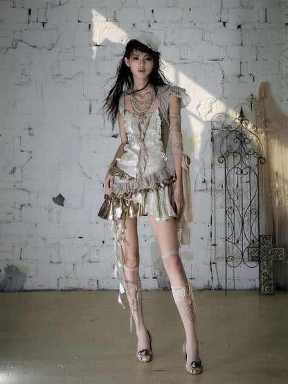 NO ROMANCE Gold Satin Baroque Asymmetrical Ruffle Women&