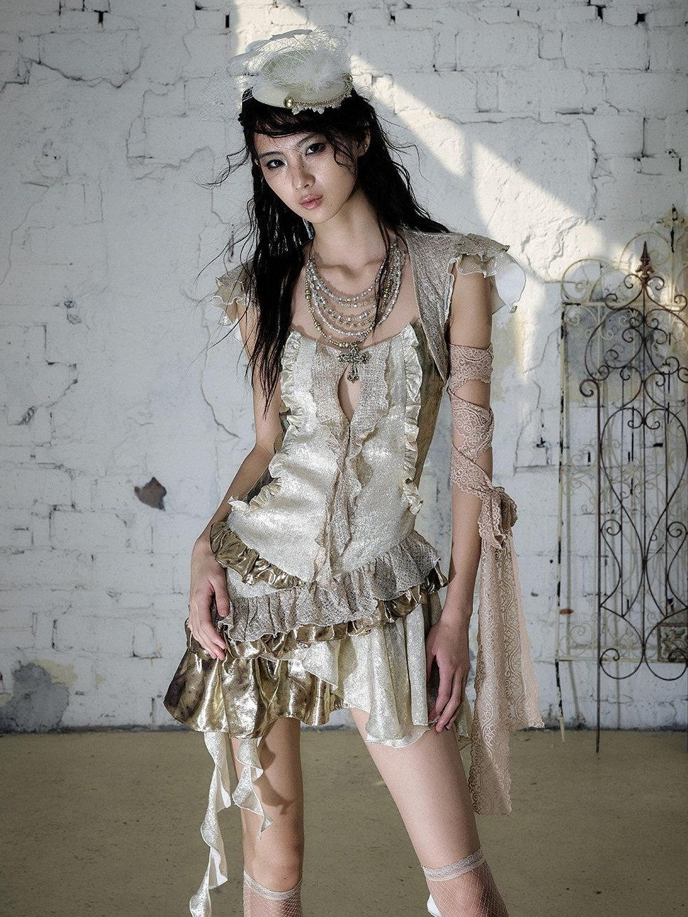 NO ROMANCE Gold Satin Baroque Asymmetrical Ruffle Women&