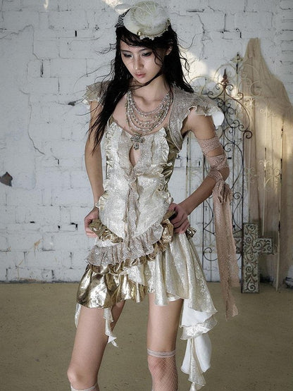NO ROMANCE Gold Satin Baroque Asymmetrical Ruffle Women&