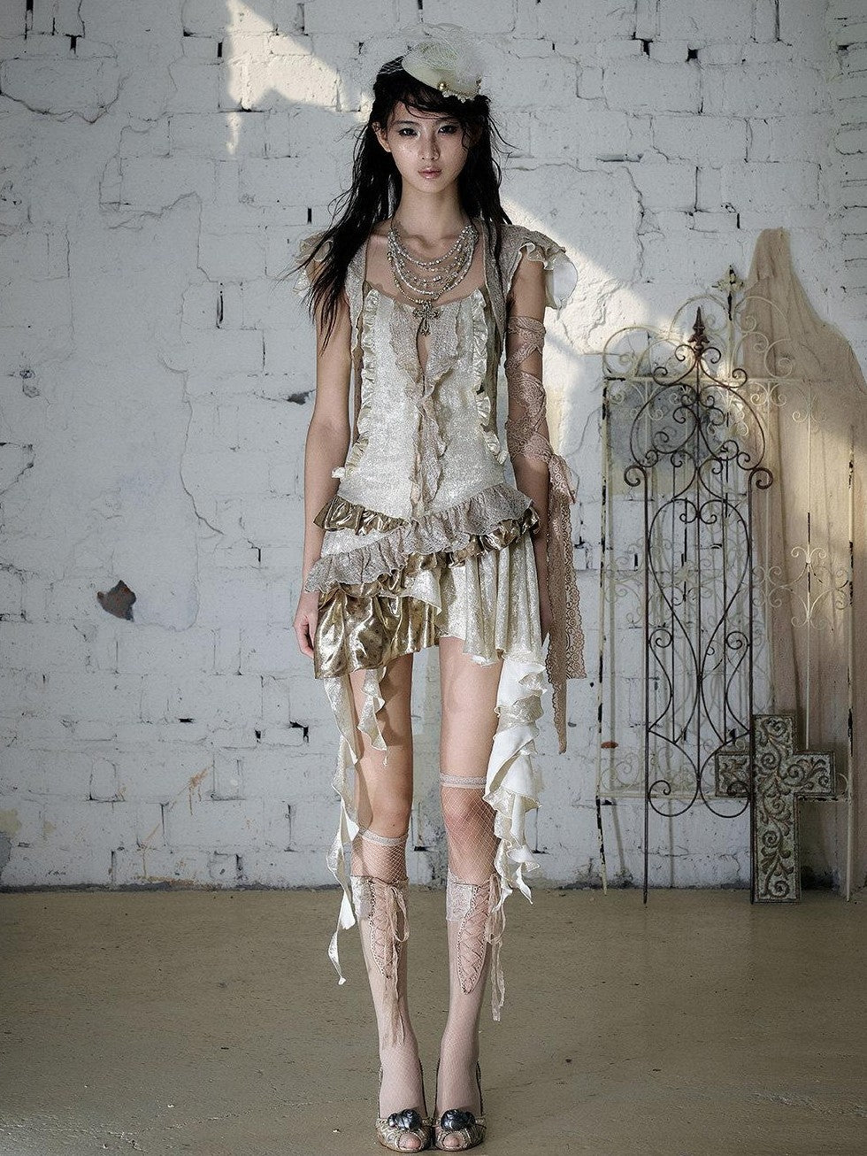 NO ROMANCE Gold Satin Baroque Asymmetrical Ruffle Women&