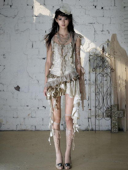 NO ROMANCE Gold Satin Baroque Asymmetrical Ruffle Women&