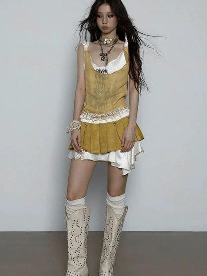 NO ROMANCE Hand Painted Pattern Ruched Faux Two Piece Spaghetti Strap Mini Women Dresses