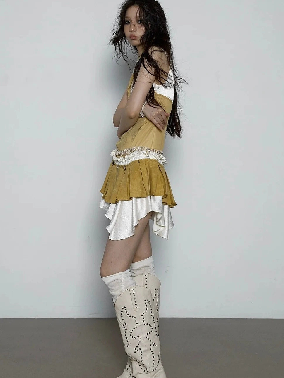 NO ROMANCE Hand Painted Pattern Ruched Faux Two Piece Spaghetti Strap Mini Women Dresses