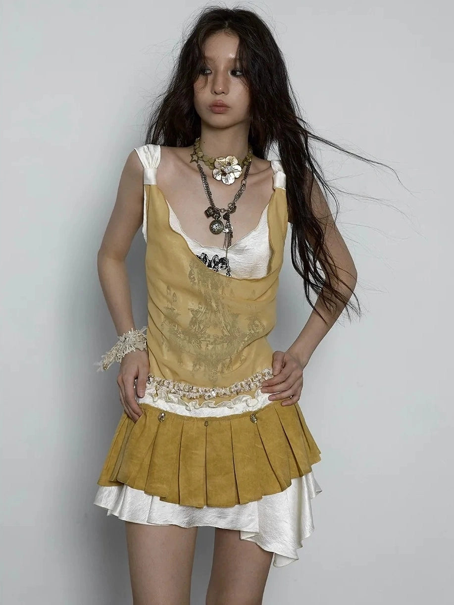 NO ROMANCE Hand Painted Pattern Ruched Faux Two Piece Spaghetti Strap Mini Women Dresses