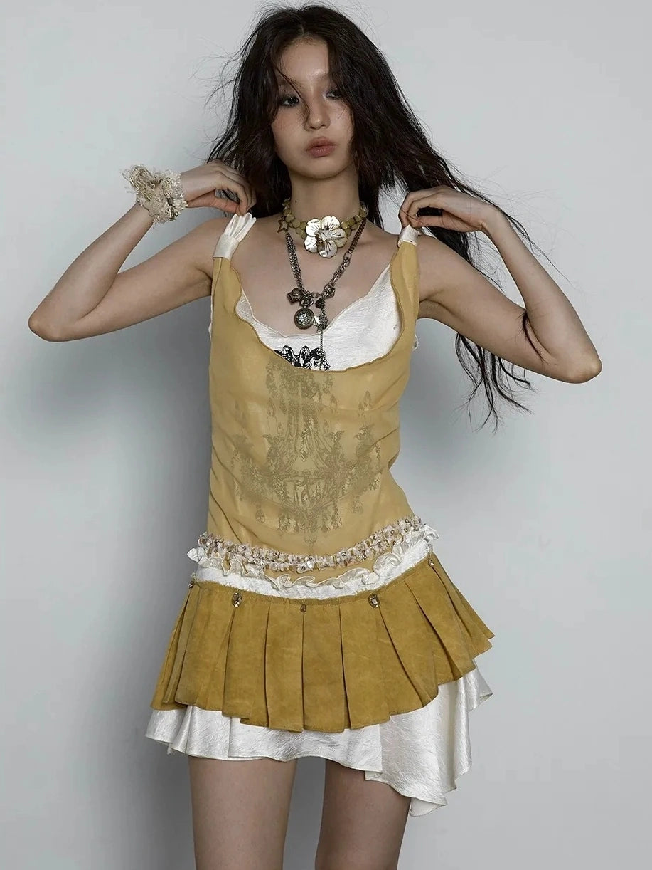 NO ROMANCE Hand Painted Pattern Ruched Faux Two Piece Spaghetti Strap Mini Women Dresses