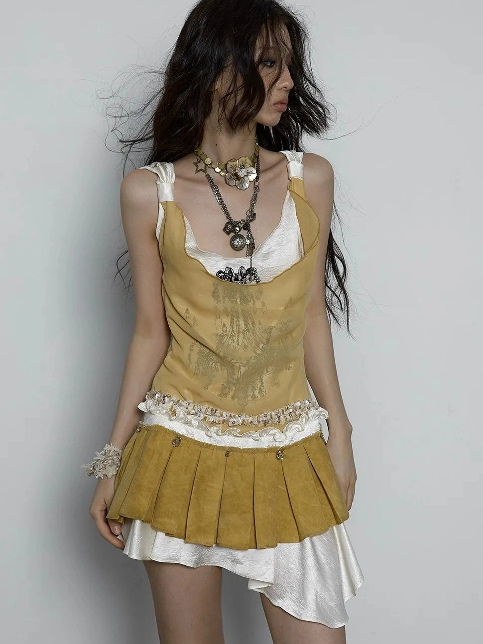 NO ROMANCE Hand Painted Pattern Ruched Faux Two Piece Spaghetti Strap Mini Women Dresses