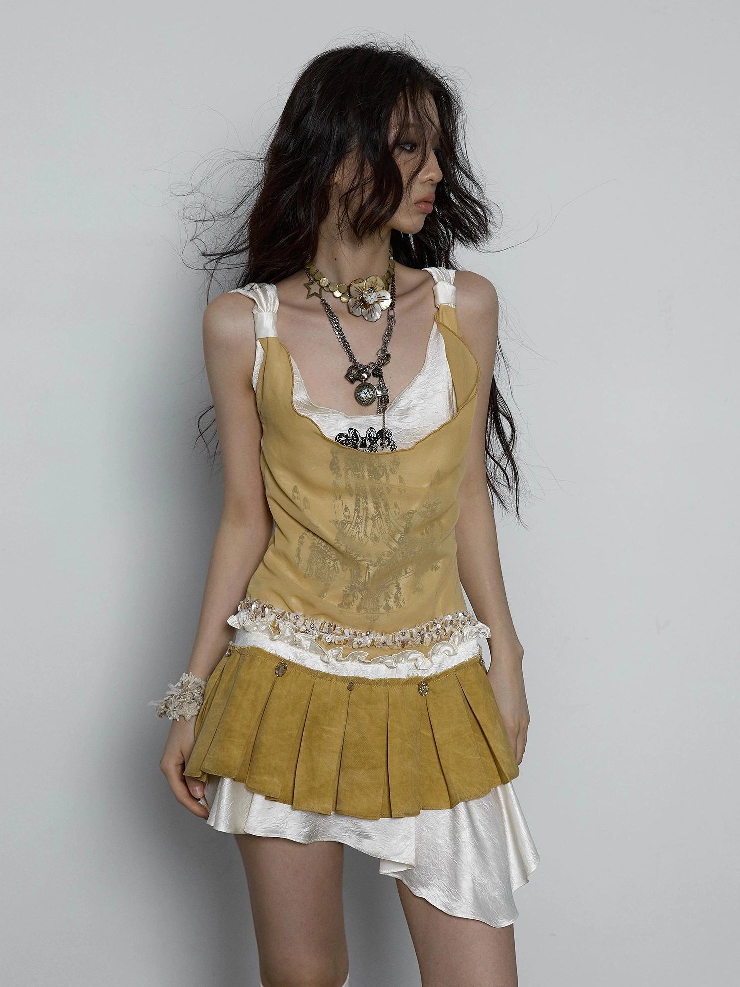 NO ROMANCE Hand Painted Pattern Ruched Faux Two Piece Spaghetti Strap Mini Women Dresses