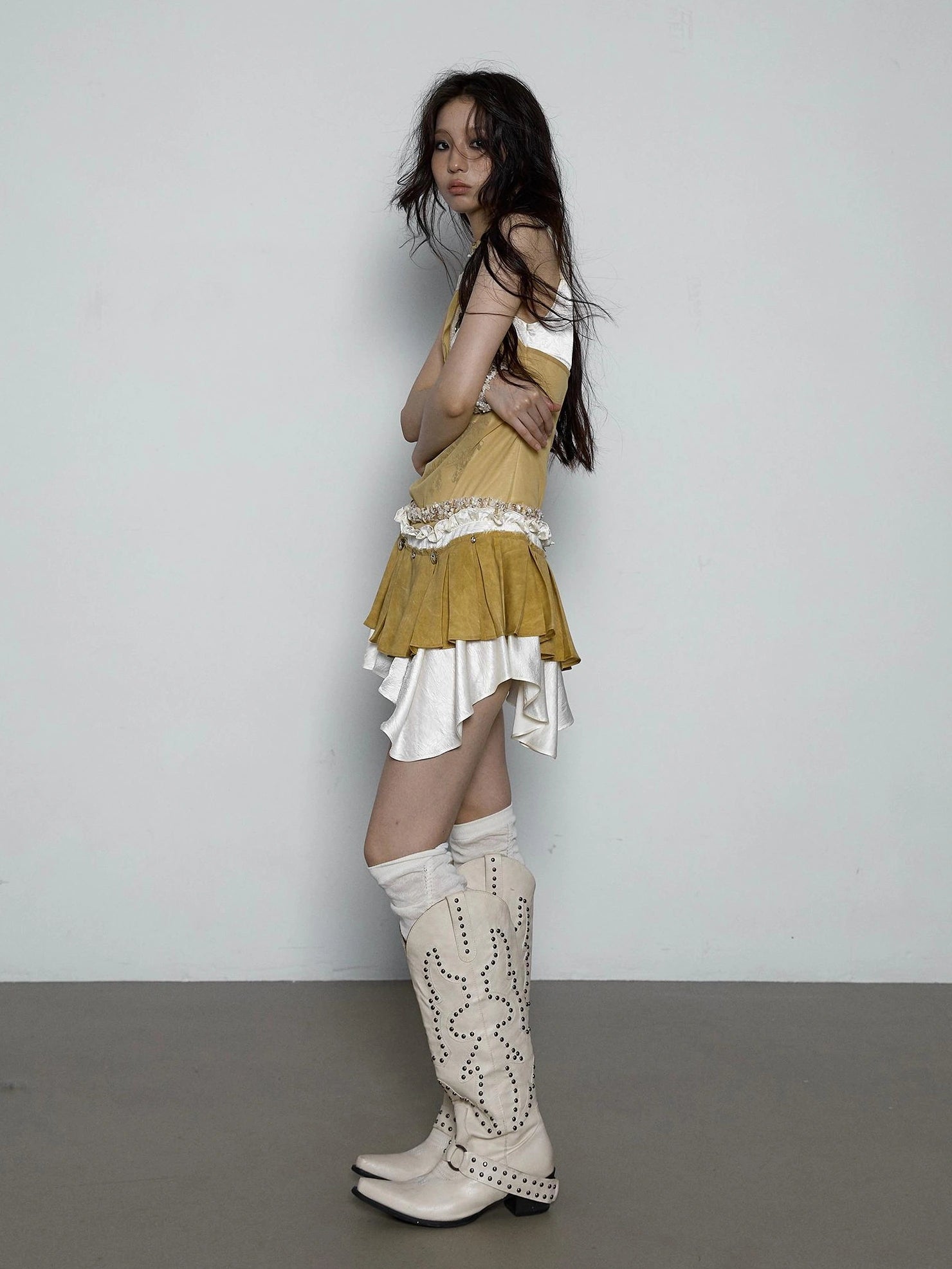 NO ROMANCE Hand Painted Pattern Ruched Faux Two Piece Spaghetti Strap Mini Women Dresses