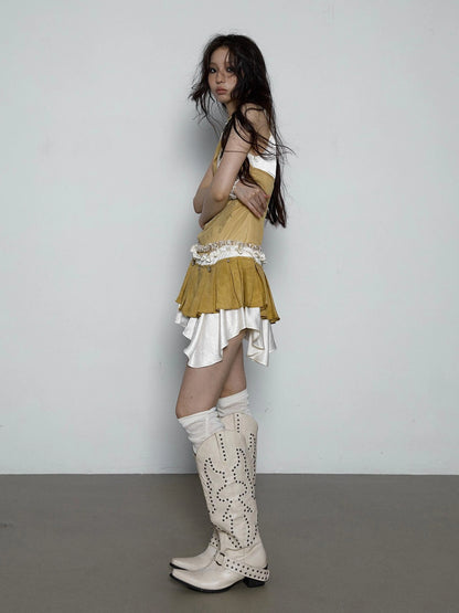 NO ROMANCE Hand Painted Pattern Ruched Faux Two Piece Spaghetti Strap Mini Women Dresses