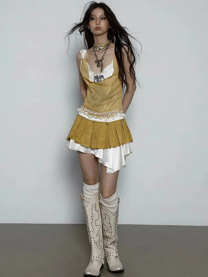 NO ROMANCE Hand Painted Pattern Ruched Faux Two Piece Spaghetti Strap Mini Women Dresses