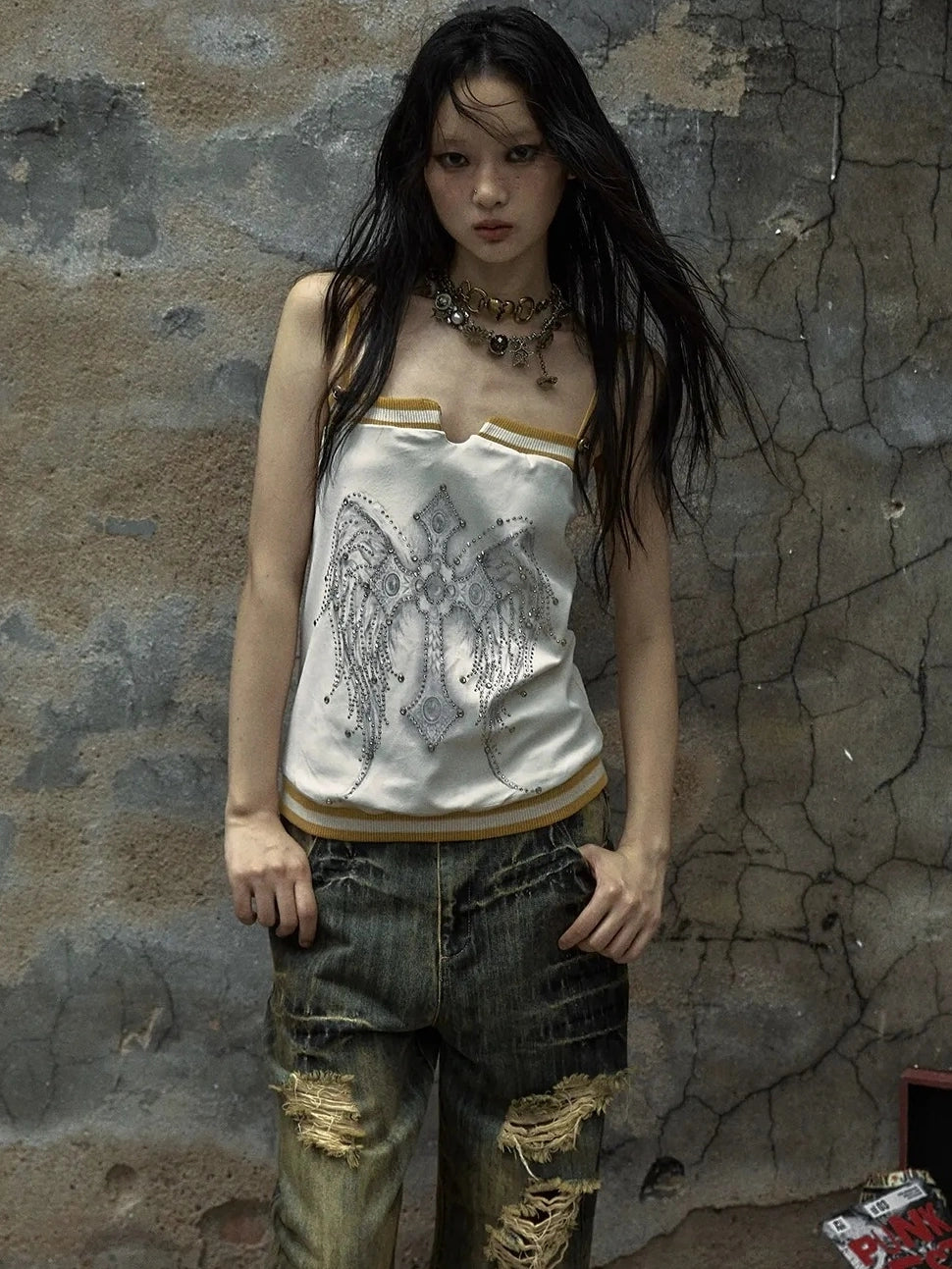 NO ROMANCE Heart Embroidered Velvet Spaghetti Strap Straight Fit Women Polyester Tank Top