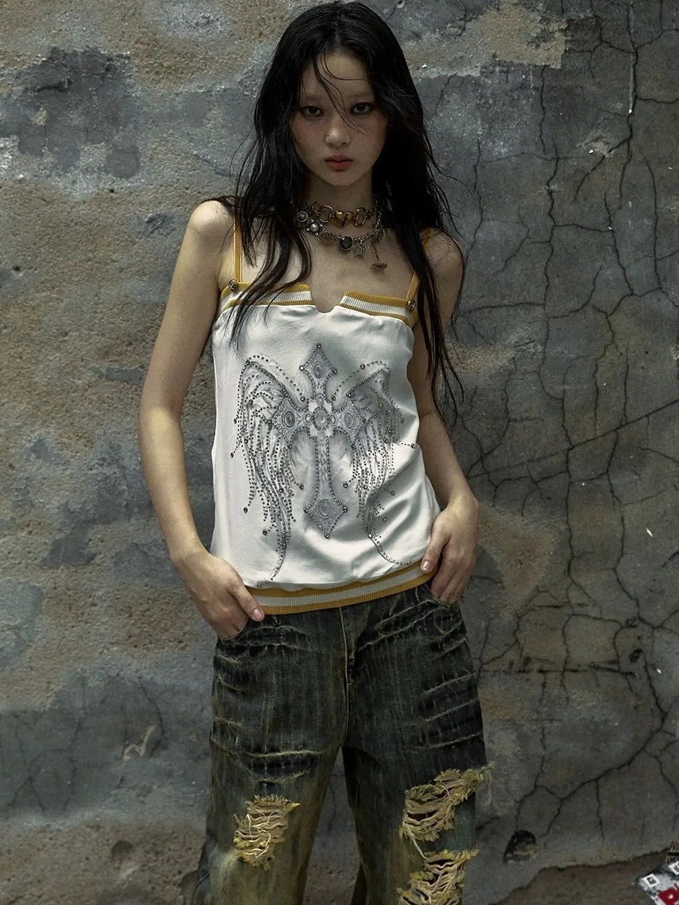 NO ROMANCE Heart Embroidered Velvet Spaghetti Strap Straight Fit Women Polyester Tank Top