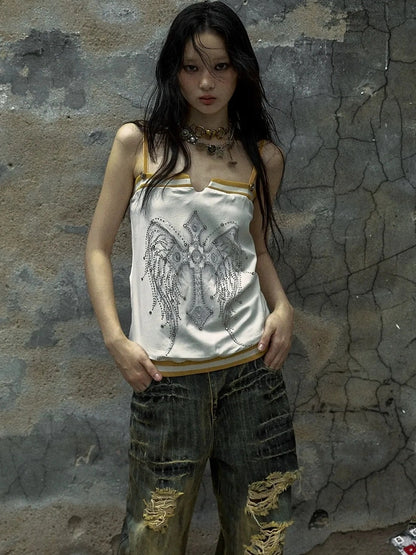 NO ROMANCE Heart Embroidered Velvet Spaghetti Strap Straight Fit Women Polyester Tank Top