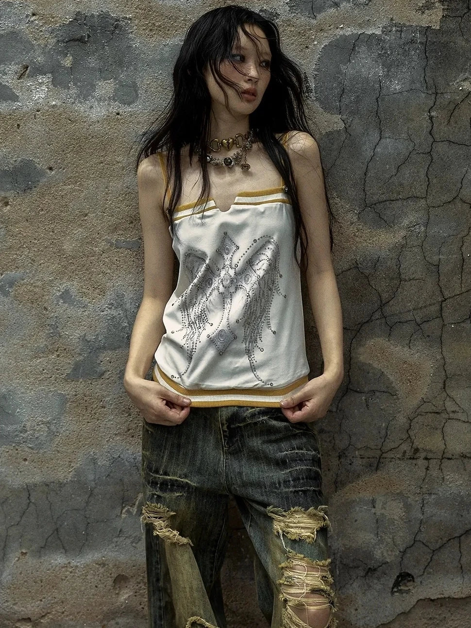 NO ROMANCE Heart Embroidered Velvet Spaghetti Strap Straight Fit Women Polyester Tank Top