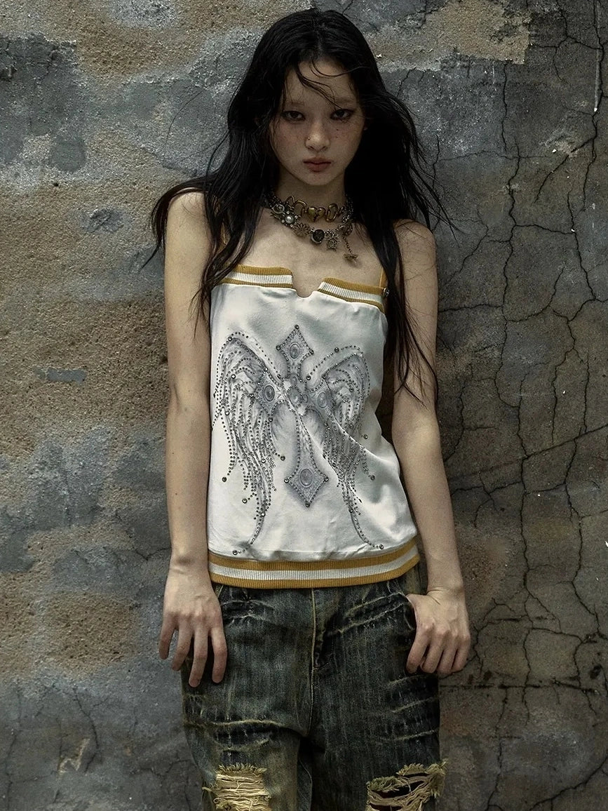 NO ROMANCE Heart Embroidered Velvet Spaghetti Strap Straight Fit Women Polyester Tank Top