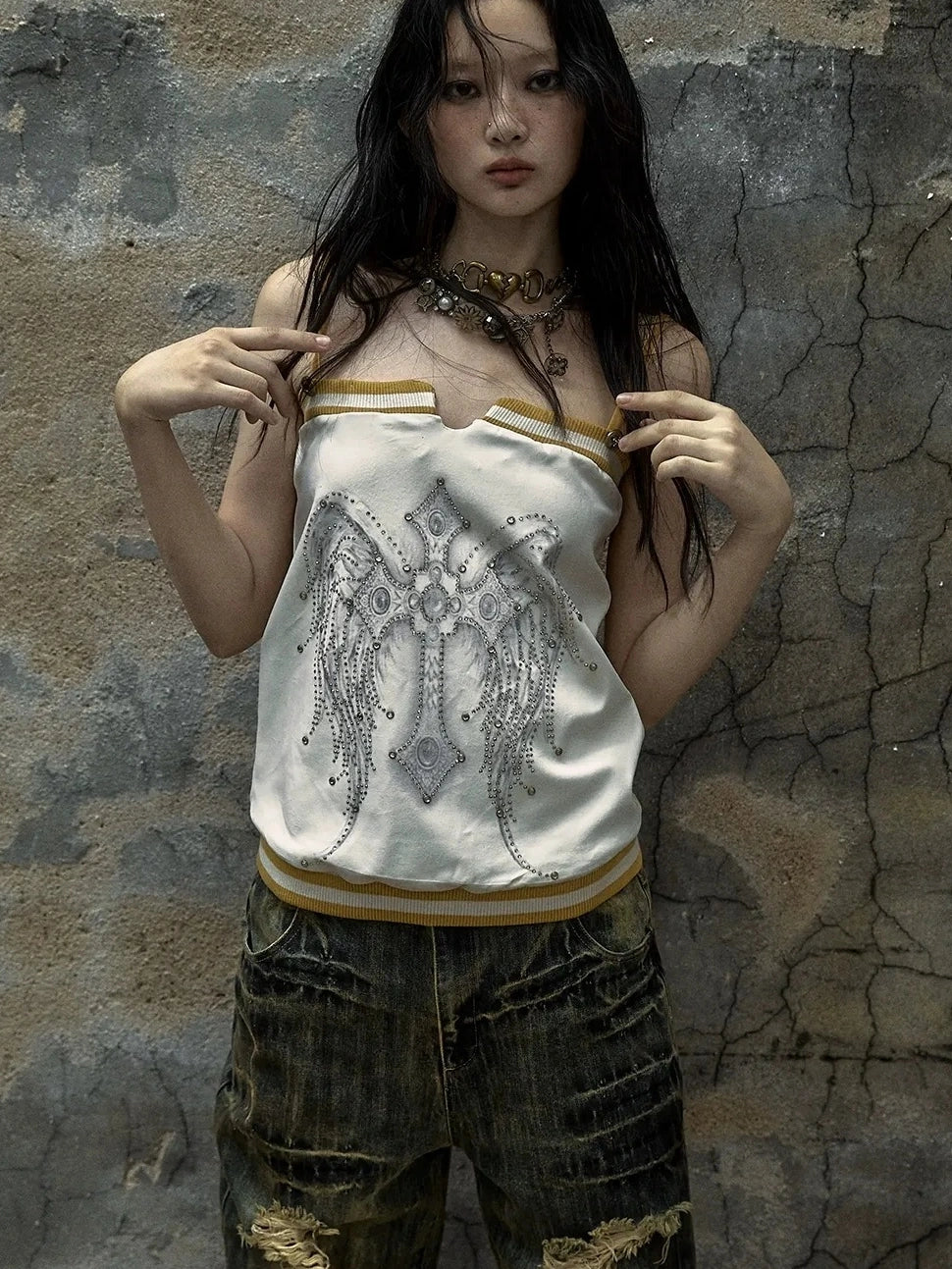 NO ROMANCE Heart Embroidered Velvet Spaghetti Strap Straight Fit Women Polyester Tank Top