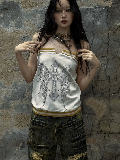 NO ROMANCE Heart Embroidered Velvet Spaghetti Strap Straight Fit Women Polyester Tank Top