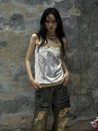 NO ROMANCE Heart Embroidered Velvet Spaghetti Strap Straight Fit Women Polyester Tank Top