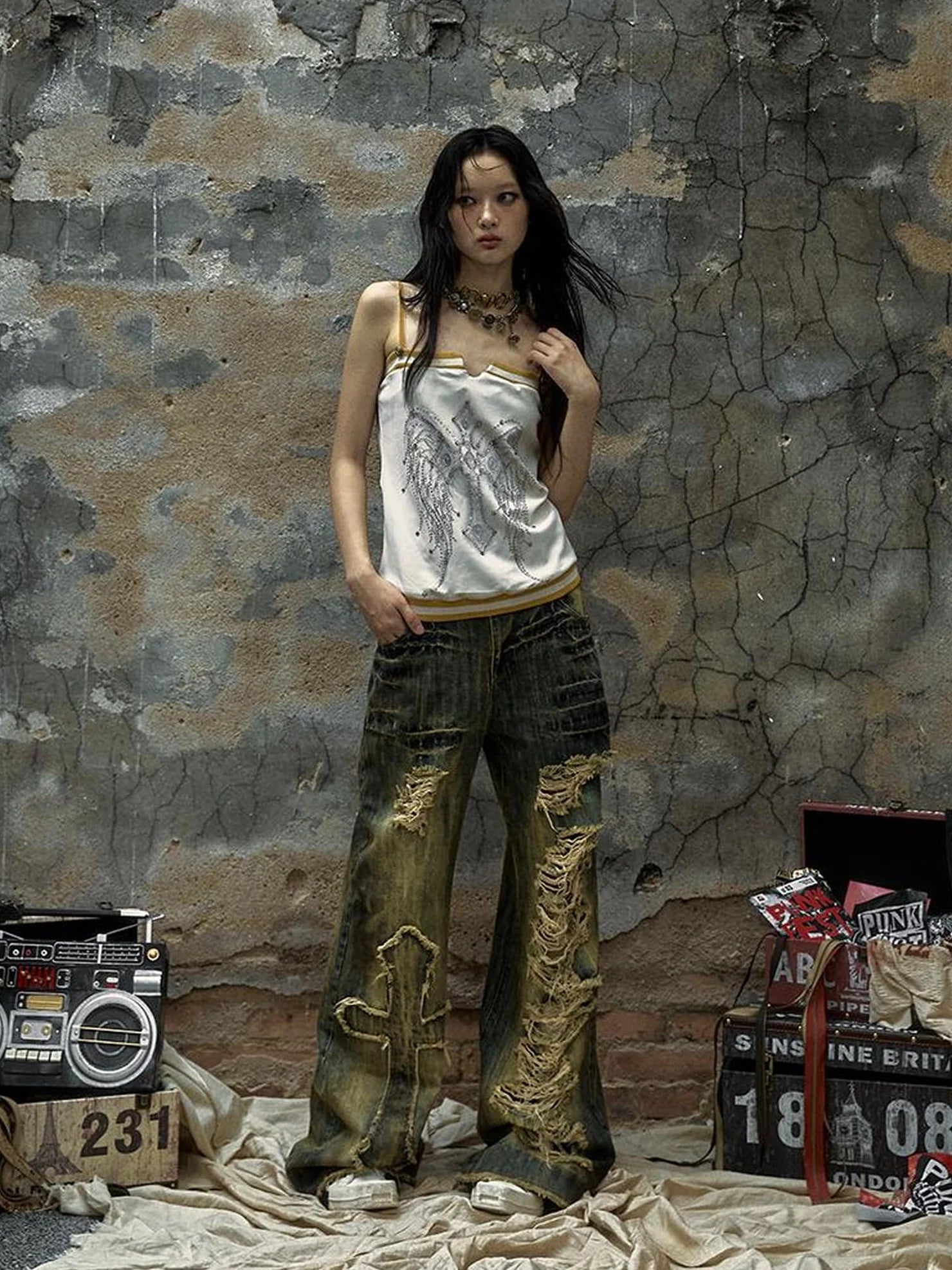 NO ROMANCE Heart Embroidered Velvet Spaghetti Strap Straight Fit Women Polyester Tank Top