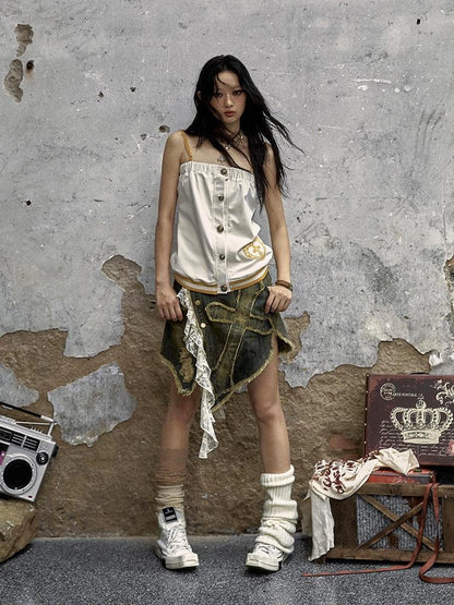 NO ROMANCE Heart Embroidered Velvet Spaghetti Strap Straight Fit Women Polyester Tank Top