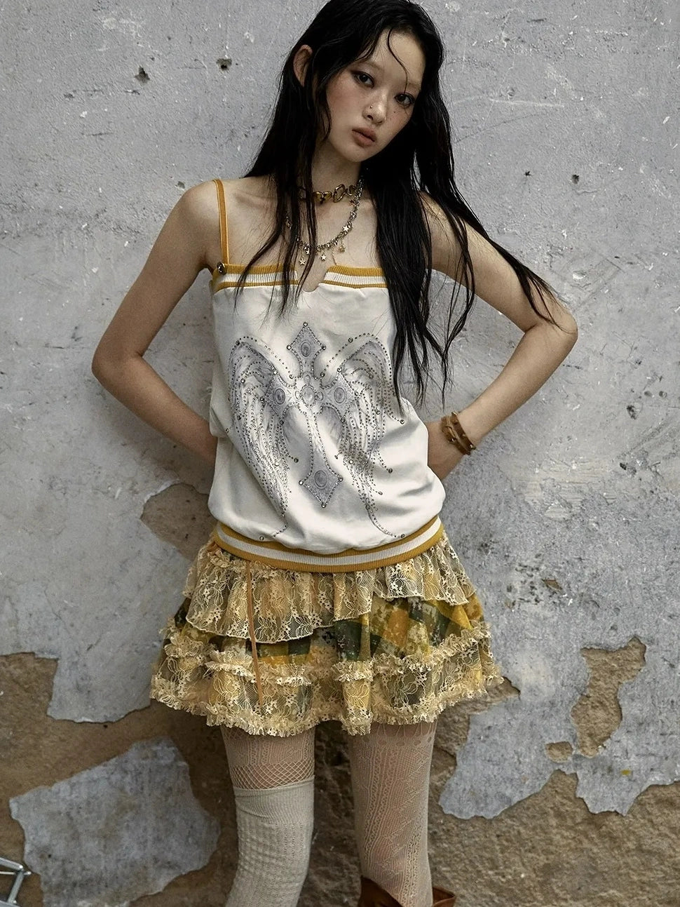 NO ROMANCE Heart Embroidered Velvet Spaghetti Strap Straight Fit Women Polyester Tank Top