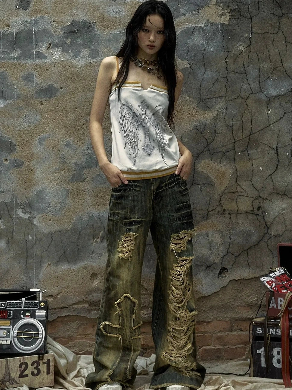 NO ROMANCE Heart Embroidered Velvet Spaghetti Strap Straight Fit Women Polyester Tank Top