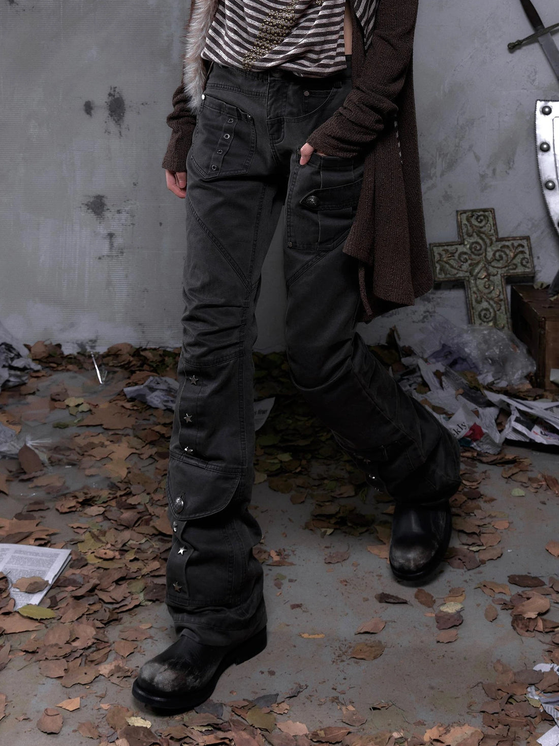 NO ROMANCE High Waist Micro Flare Button Fly Pleated Detail Dark Aesthetic Women Pants