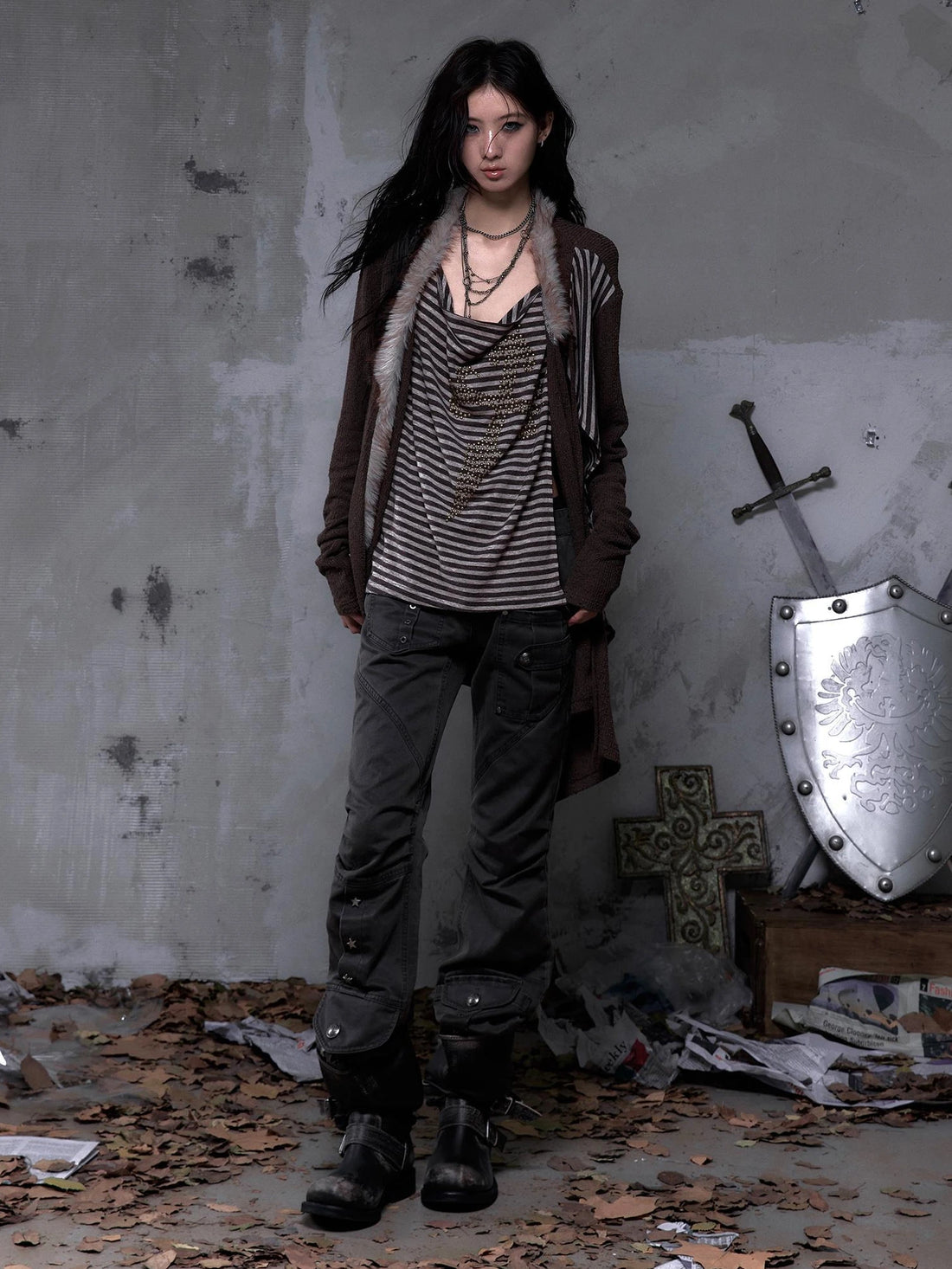 NO ROMANCE High Waist Micro Flare Button Fly Pleated Detail Dark Aesthetic Women Pants