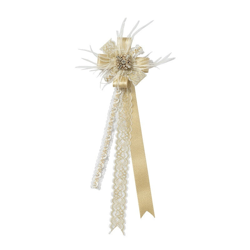 NO_ROMANCE_Ivory_Gold_Lace_Satin_Ribbon_Feather_Handmade_Women&