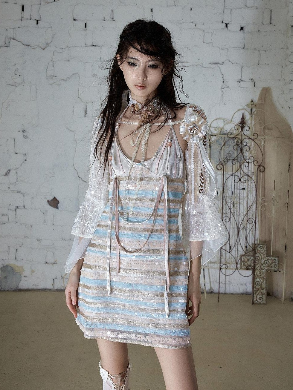 NO ROMANCE Ivory Gold Lace Satin Ribbon Feather Handmade Women&